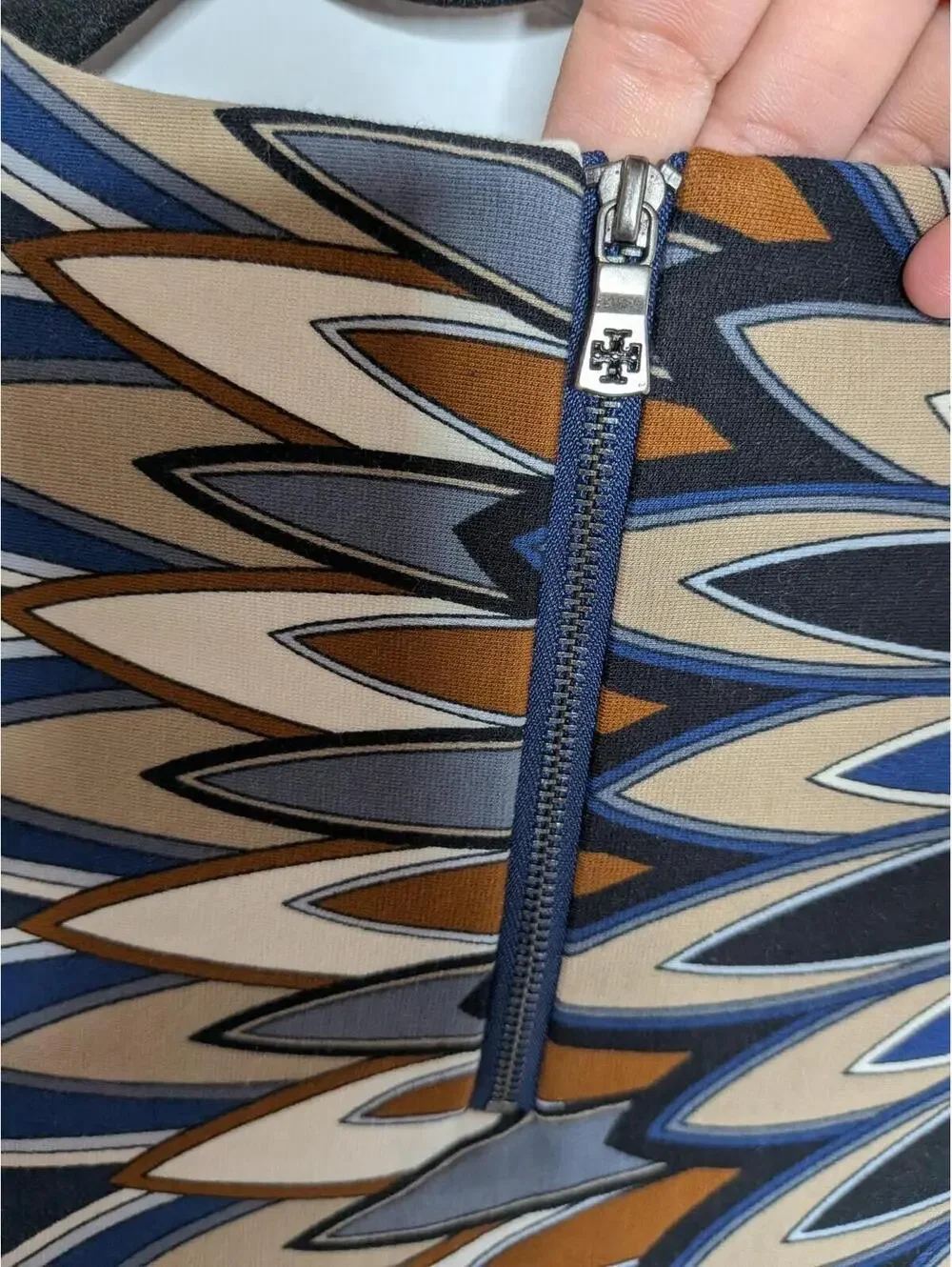 Tory Burch Dress Womens XS Blue Geometric Graphic Print Sheath Mini Short Sleeve